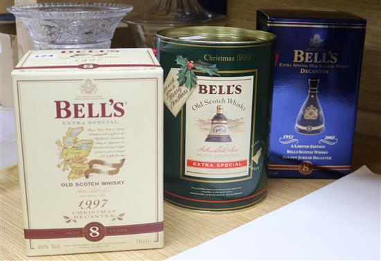 Three Bells Whisky decanters, all boxed and unopened